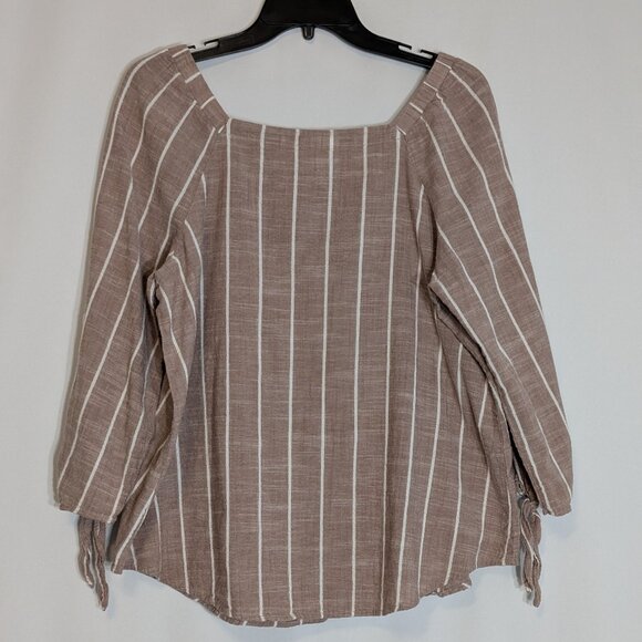 LIZ CLAIBORNE Blush Brown w White Stripe 3/4 Sleeve Pullover Top; Size M - Picture 2 of 4